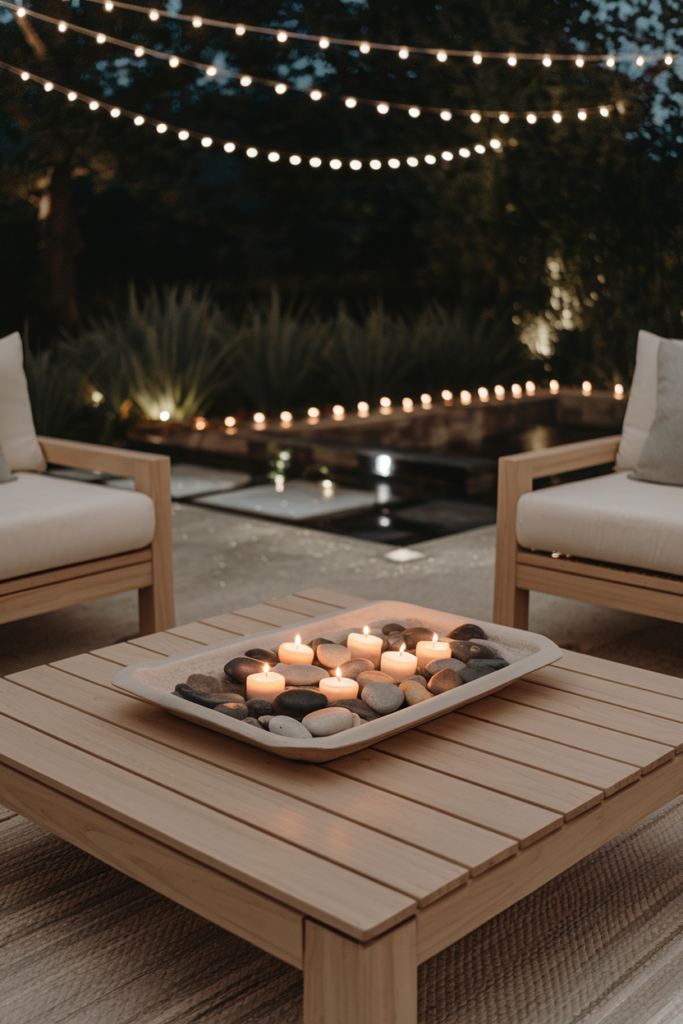 Summer Lounge is Lighted Up with String lights ,Battery Operated Candles and Solar Pathway Lights