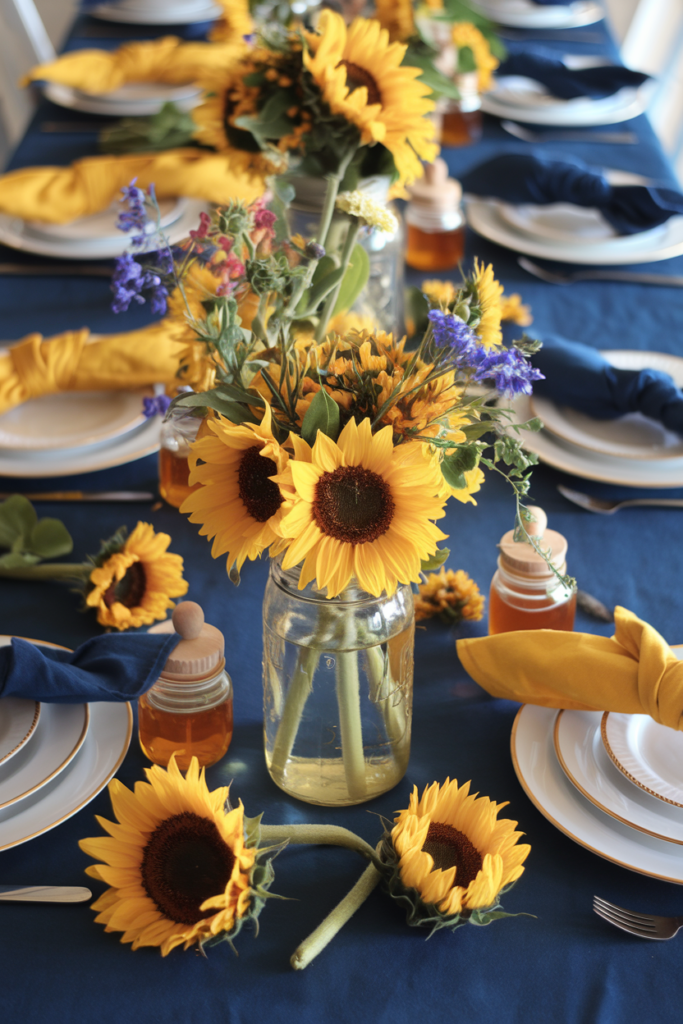 Vibrant table with mason jars of sunflowers, blue tablecloth, white plates, and rustic honey pot accents.
