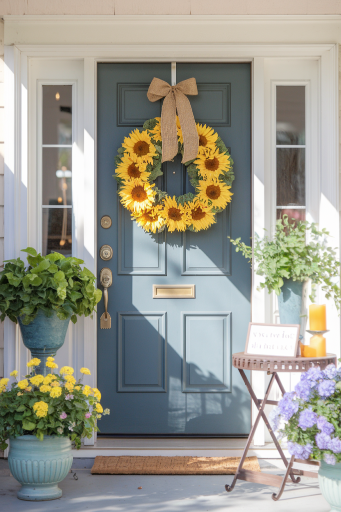 Sunflower Wreath on the Front Door as summer decor.