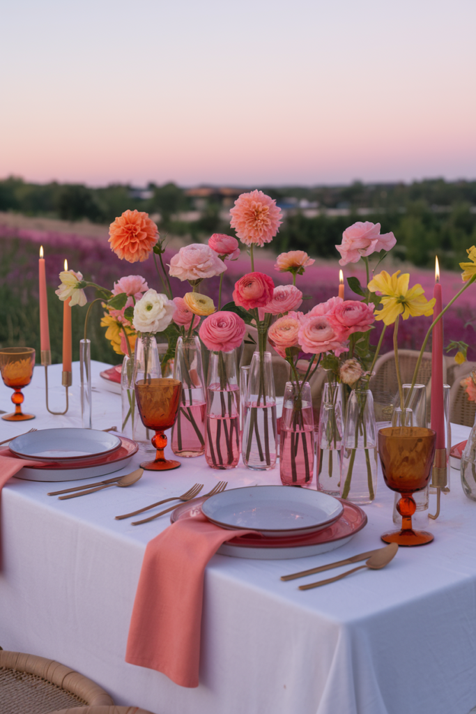 Outdoor summer table with ombré flowers in sunset colors, candles, and white table setting at golden hour.