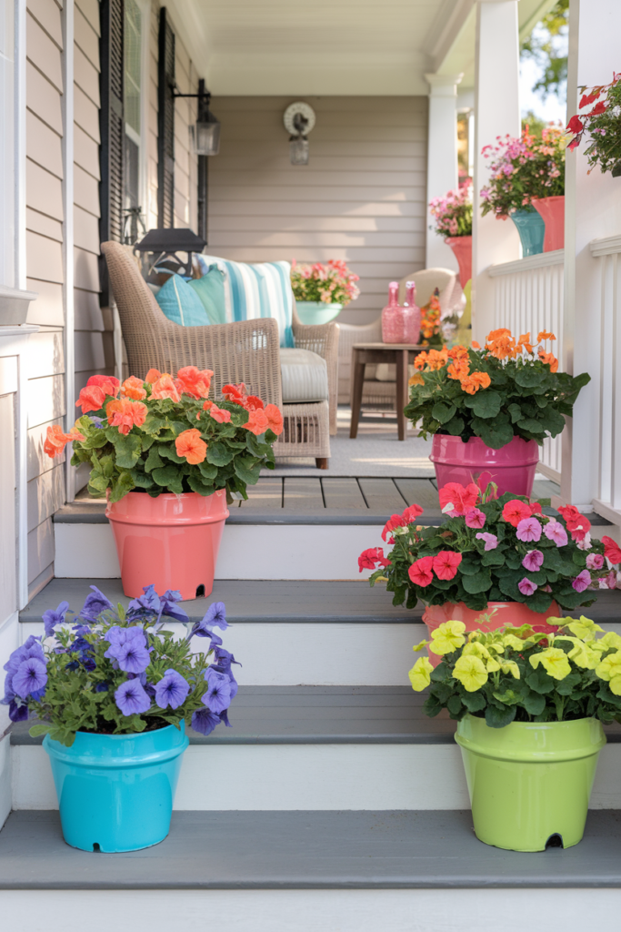 Painted Flower Pots in Vibrant Colors as a porch decoration.