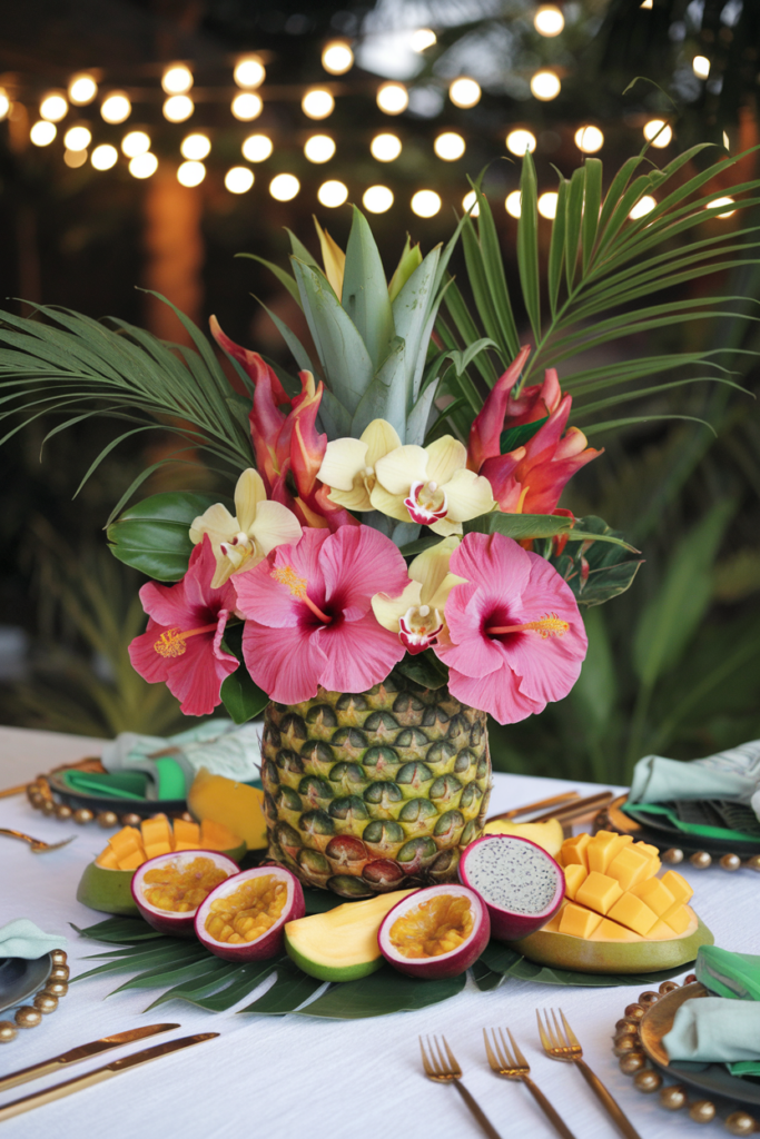 Pineapple vase with tropical flowers and sliced fruits.