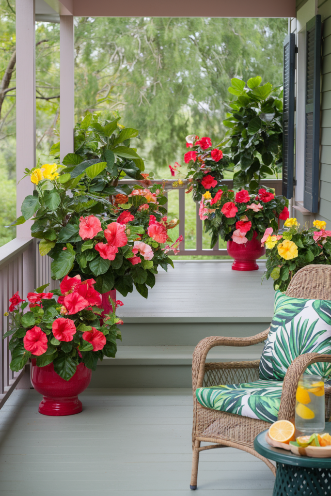 The porch is decorated with vibrant hibiscus planters for summer in a tropical style.