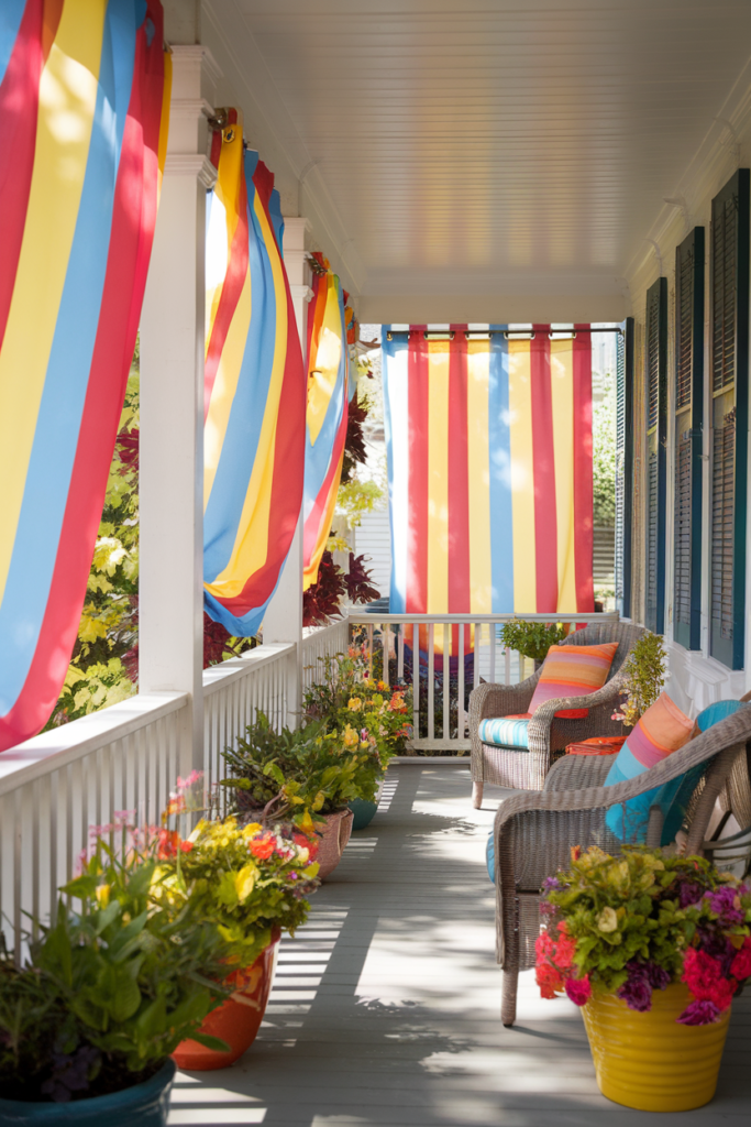 Colorful Striped Outdoor Curtains as a porch decor in the summer.