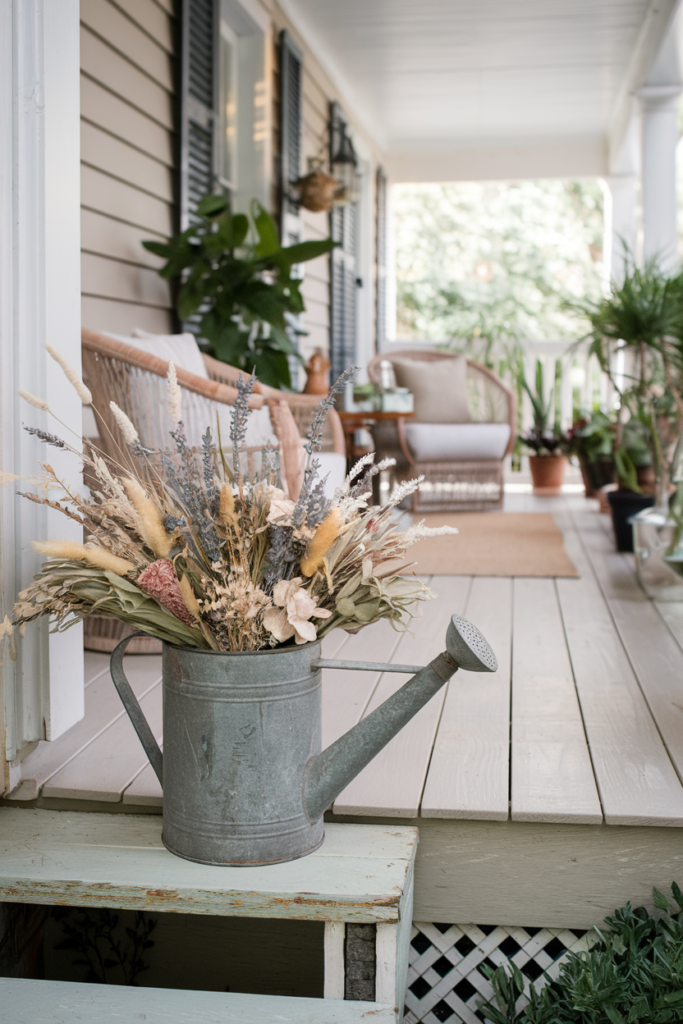 Vintage Watering Can as a flower vase like a rustic summer décor for the porch.