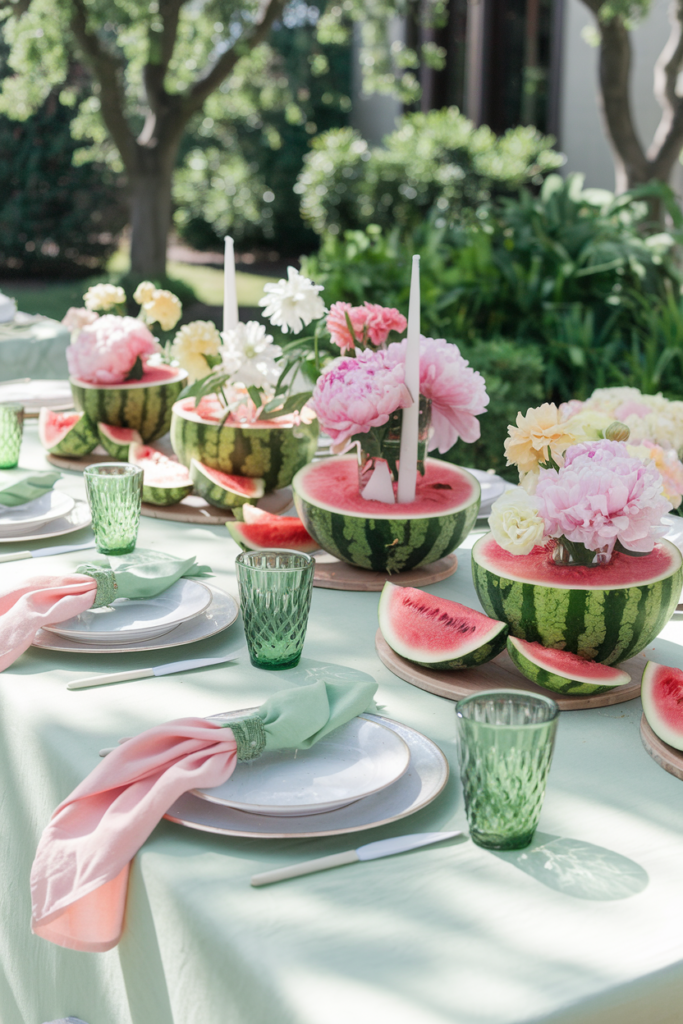 Playful summer table featuring watermelon centerpieces, pink and green accents, and fresh, vibrant decor.
