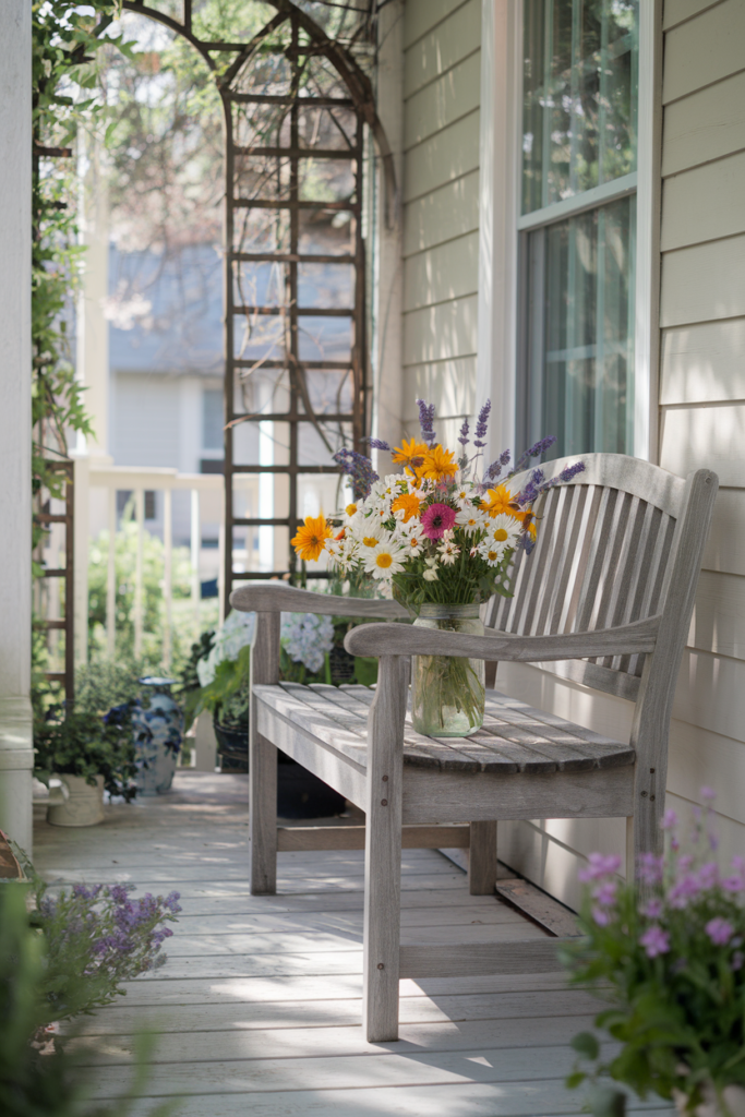 A wildflower bouquet sits on an old, weathered bench as rustic summer décor for the porch.