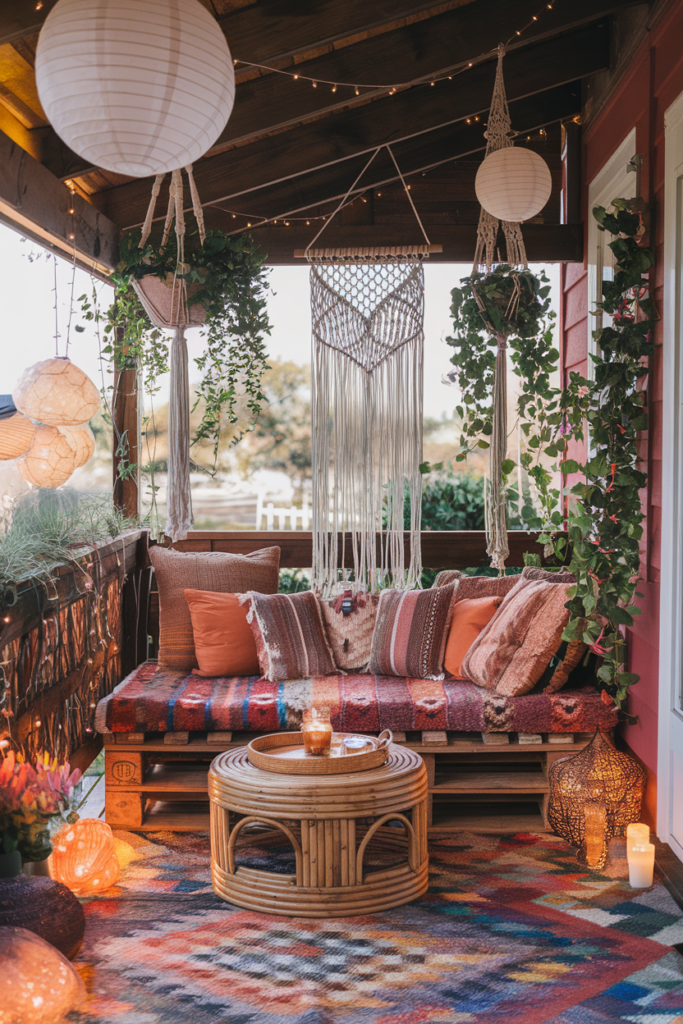 Porch decorated for summer in whimsical Boho Style