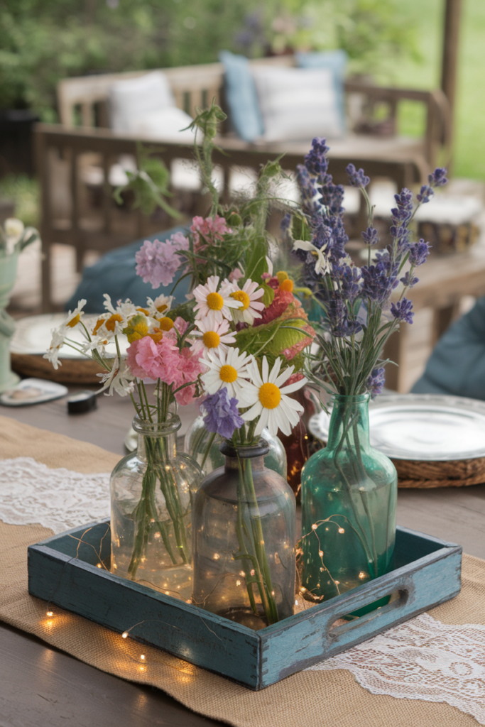 Vintage bottles with colorful wildflowers on a wooden tray
