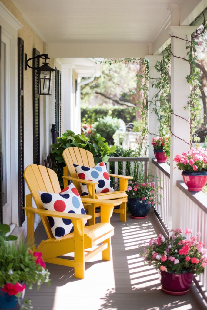 Yellow Adirondack chairs with polka dot pillows add a cheerful touch to the porch as summer decor.