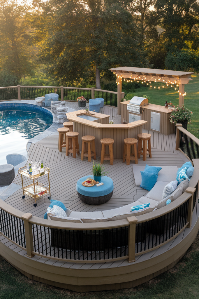 Wraparound deck around an above ground pool with built-in bar, grill area, and sectional sofa perfect for entertaining.