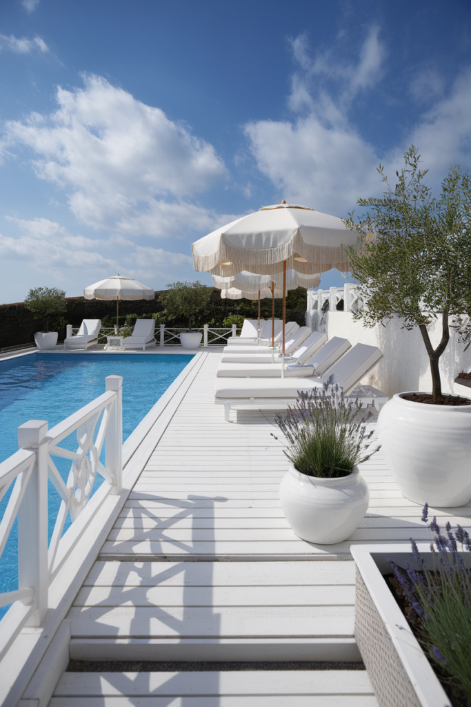Bright white above ground pool deck with whitewashed wood, striped towels, and clean coastal design details