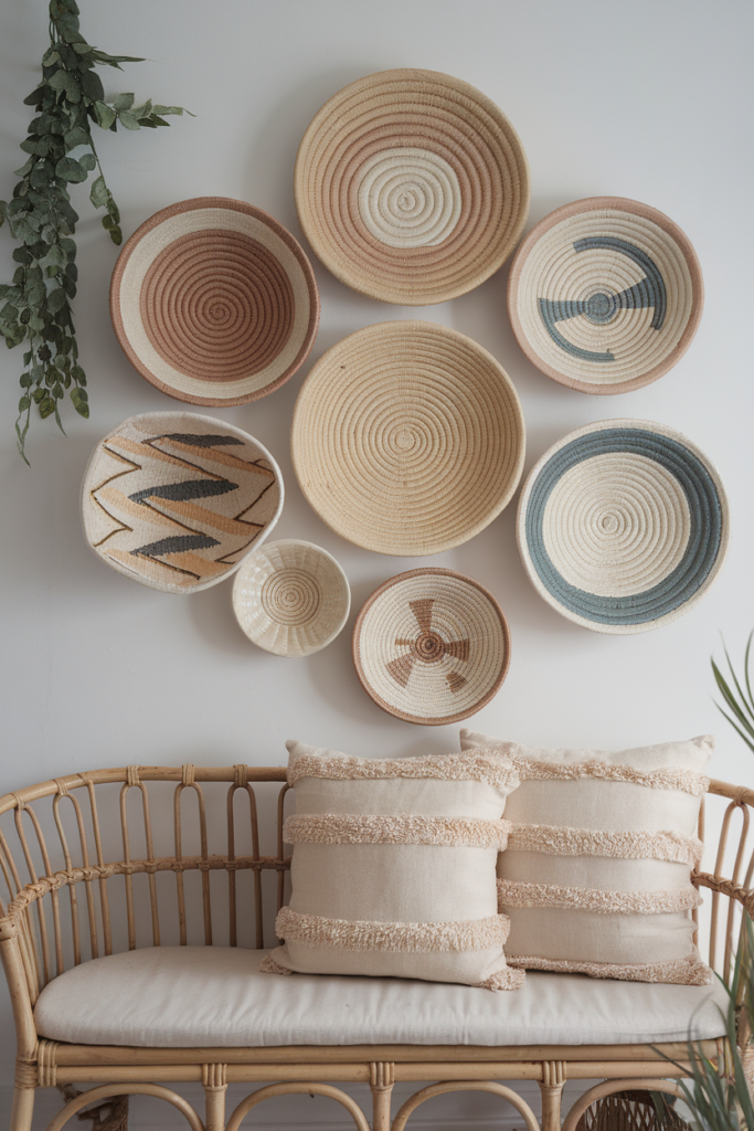 Hang woven or rattan baskets in varying sizes and patterns for a textural coastal wall statement.