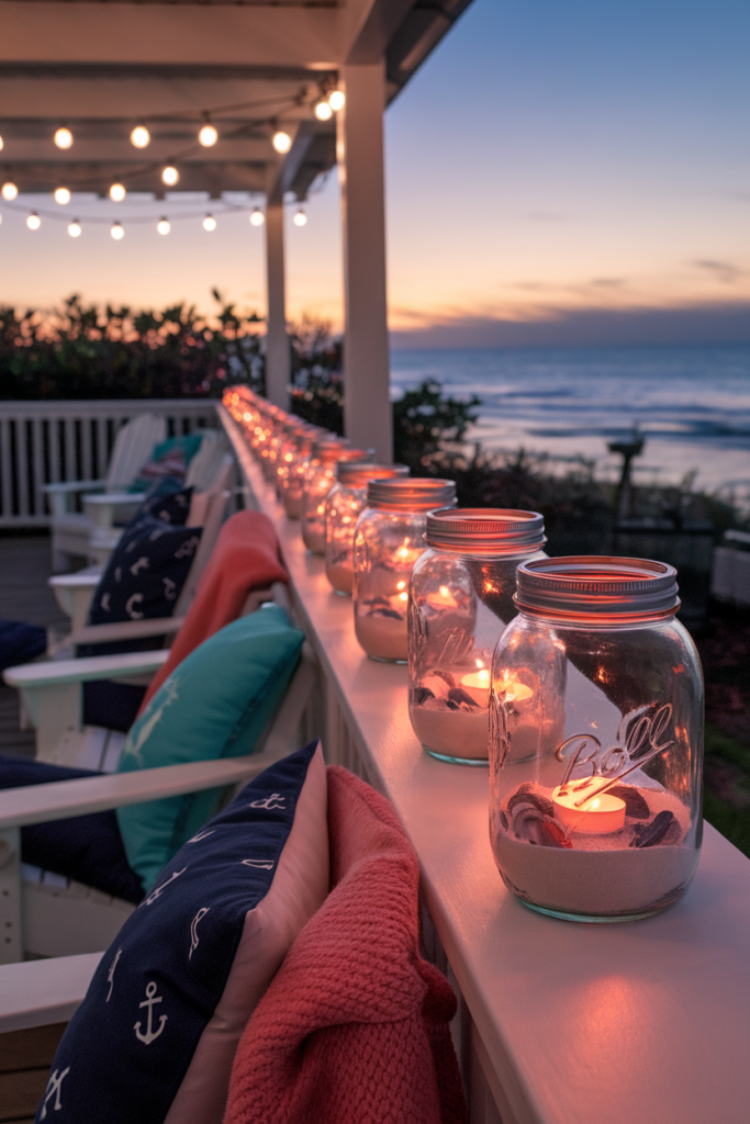 Mason jars filled with sand, a tealight, and mini shells for a soft, beach-glow ambiance.