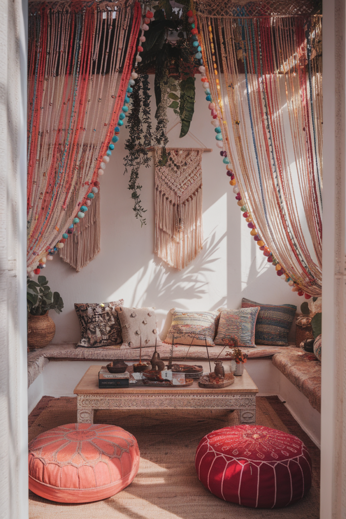 Eclectic string curtains with beads used as a room divider in a colorful bohemian-style space.