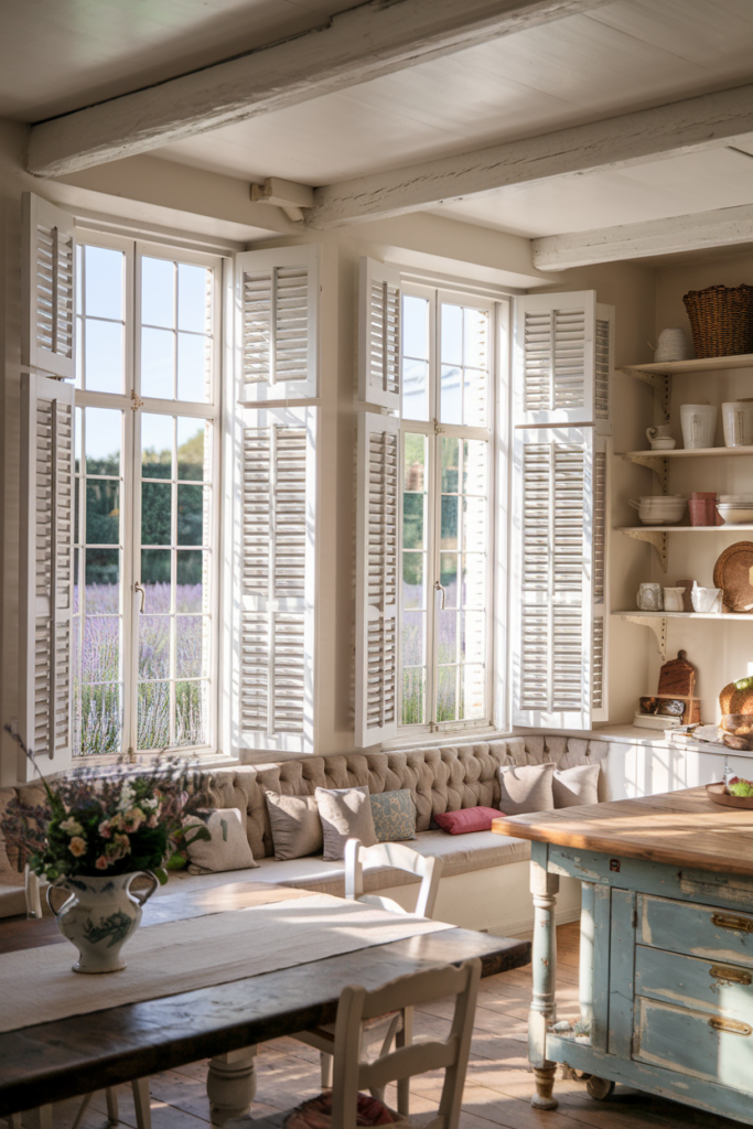 Charming white café shutters on a kitchen window, covering the lower half for privacy while allowing natural light through the top, styled with vintage tile, wood countertops, and fresh herbs on the sill.