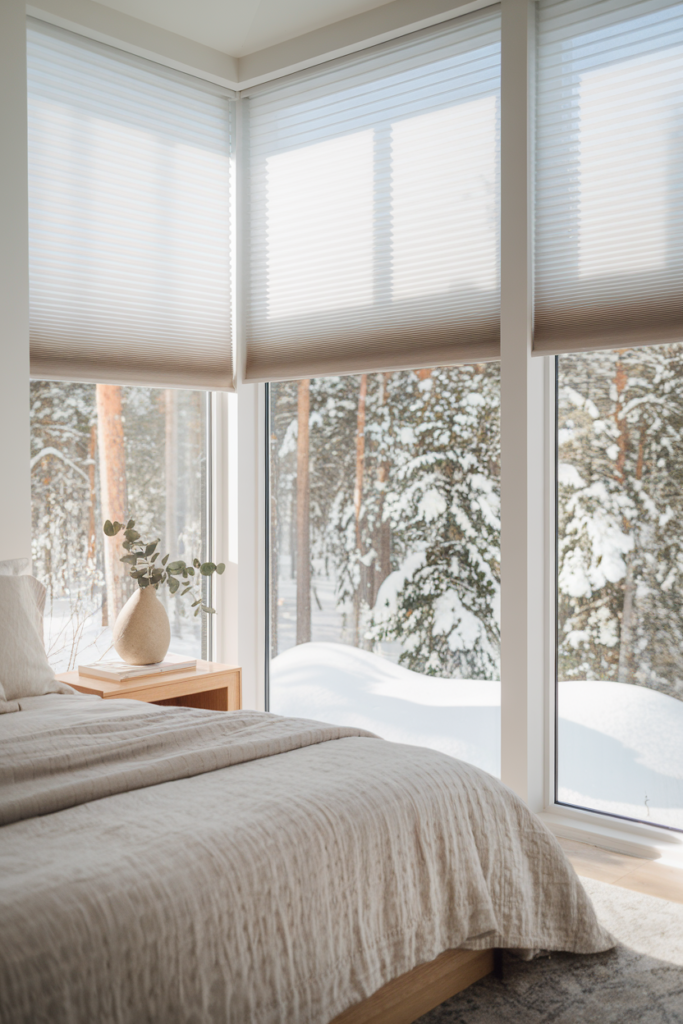 Energy-efficient cellular shades in a contemporary bedroom, providing insulation and a sleek, modern look.