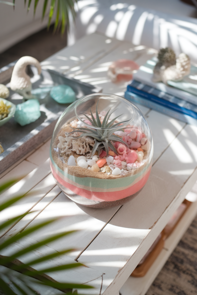 Coastal Terrarium a glass bowl filled with layered colored sand, air plants, and mini coastal accents.