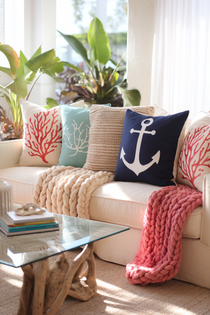 Painted pillow covers with coral motifs, anchors, or wave patterns in soft coastal tones.