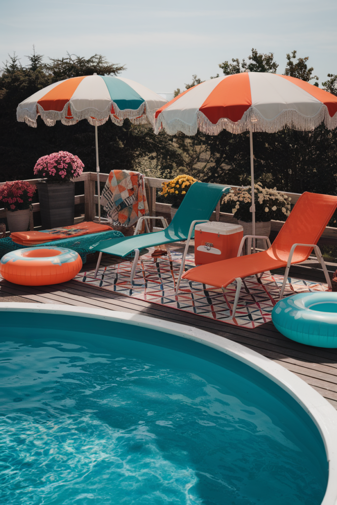Vibrant retro-style above ground pool deck with bold striped umbrellas, vintage loungers, and nostalgic floaties.
