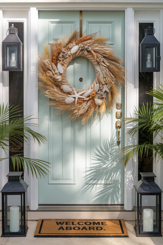 A wreath using starfish, shells, rope, and faux sea grasses to hang on your door year-round.