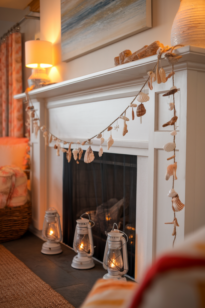 Shells and beads onto twine to hang across a fireplace, shelf, or headboard.