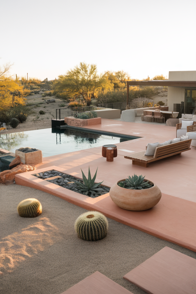 Above ground pool deck with desert landscaping, terracotta pots, cacti, and sleek furniture in a minimalist style.