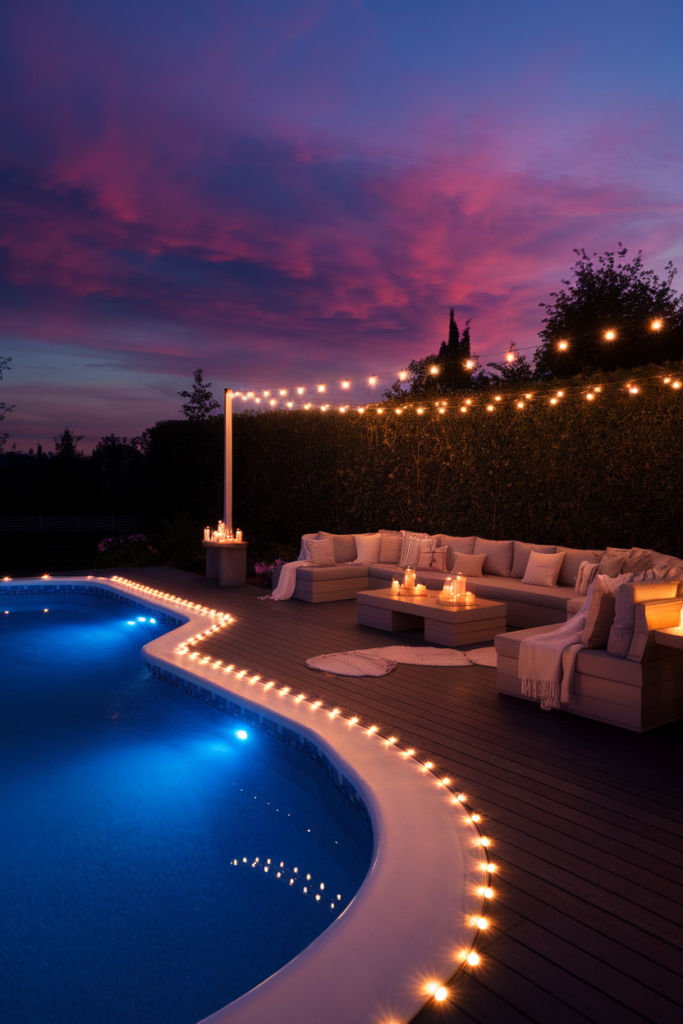 Romantic above ground pool deck lit by string lights and underwater LEDs, perfect for sunset swims.