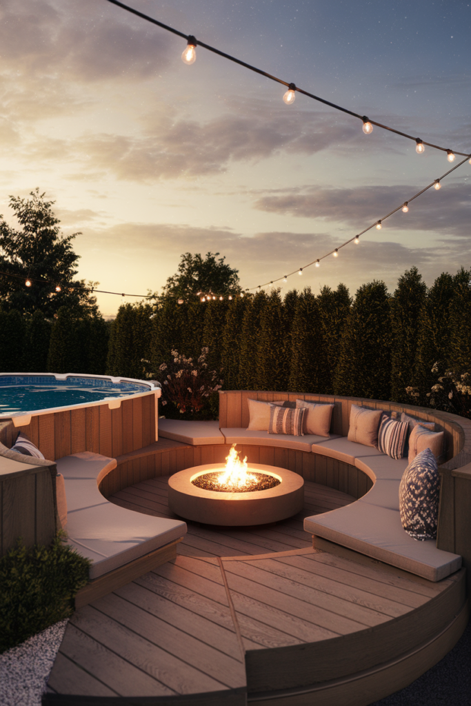 Multi-functional above ground pool deck with a built-in fire pit, cozy seating, and ambient evening lighting.