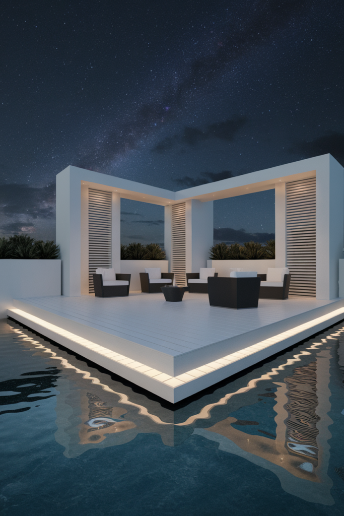 Above ground pool deck with under-deck LED lighting for a floating appearance and modern nighttime ambiance.
