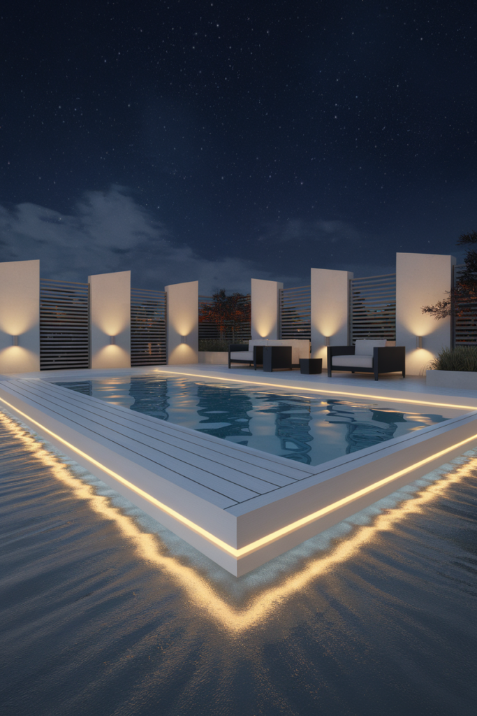 Modern above ground pool deck illuminated with soft under-deck LED lights, creating a floating effect and a stylish, ambient nighttime atmosphere.
