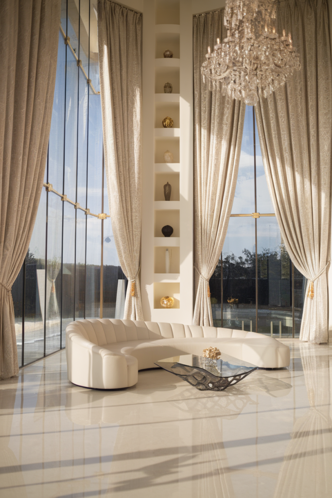 Elegant floor-to-ceiling curtains in a high-ceilinged contemporary living room, creating dramatic height.
