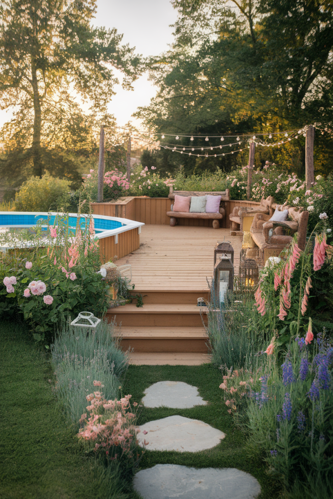 Above ground pool deck surrounded by blooming garden flowers, cottage-style fencing, and classic outdoor decor.