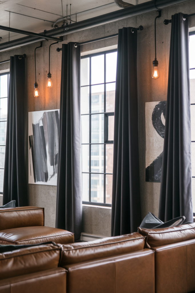 Modern grommet-top curtains in a sleek urban apartment, hanging smoothly on a black metal curtain rod.