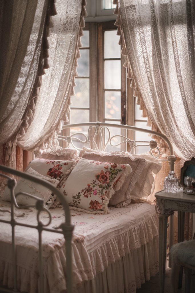 Vintage lace curtains on a cottagecore-inspired window, adding romance and diffused sunlight.
