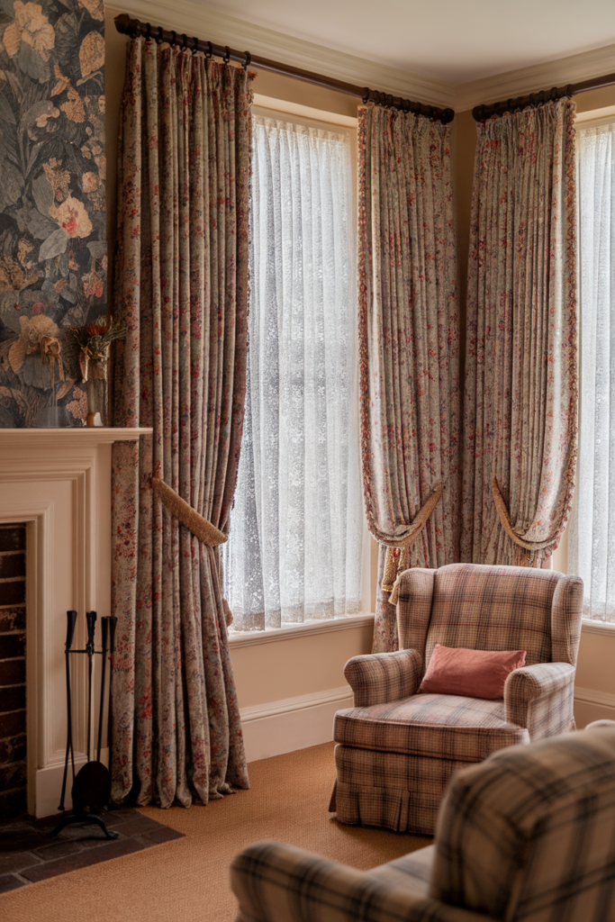 Layered curtains with lace sheers and floral drapes in a traditional English cottage living room, framed by vintage brass tiebacks and tall sash windows, creating a cozy, old-world charm.