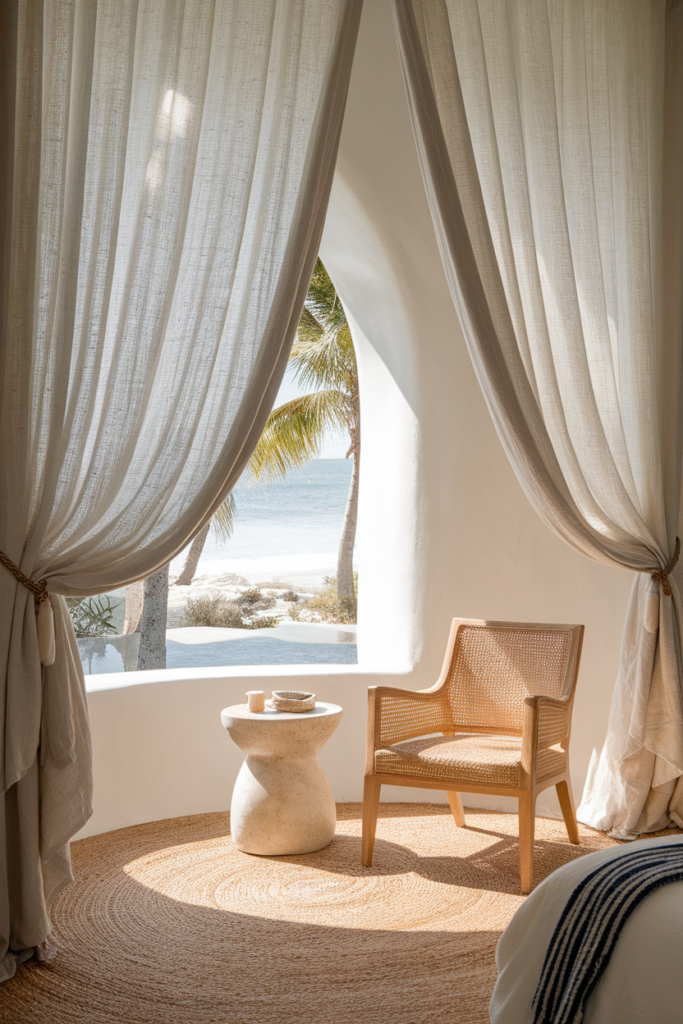 Simple sand-colored linen curtains to let in soft, diffused light.
