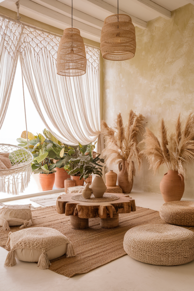 Boho-style window with handcrafted macramé hanging as a decorative curtain, featuring intricate knots and fringe details in a bright, airy living room with natural textures and earthy tones.