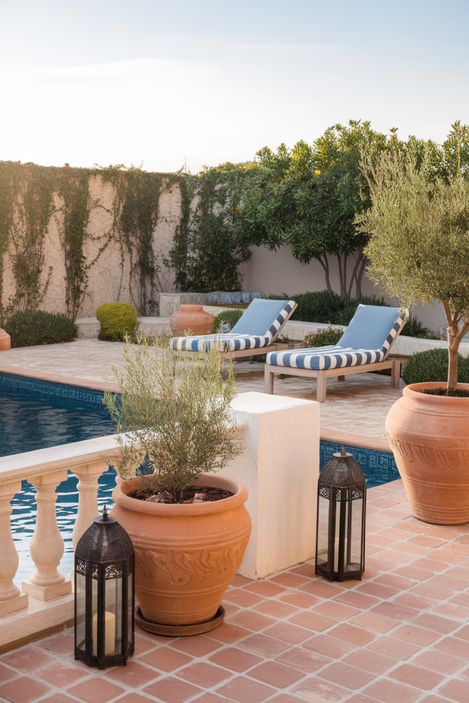 Mediterranean-inspired above ground pool deck with terracotta tiles, olive trees, and whitewashed accents.