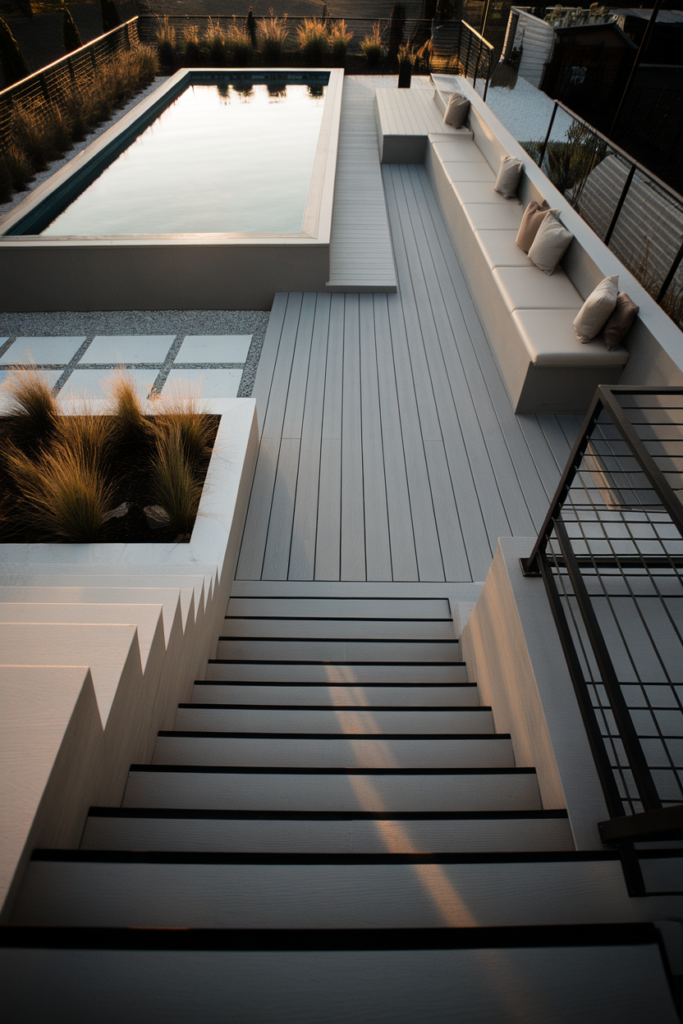 Minimalist above ground pool deck with sleek wood paneling, black loungers, and clean modern design in a small backyard.