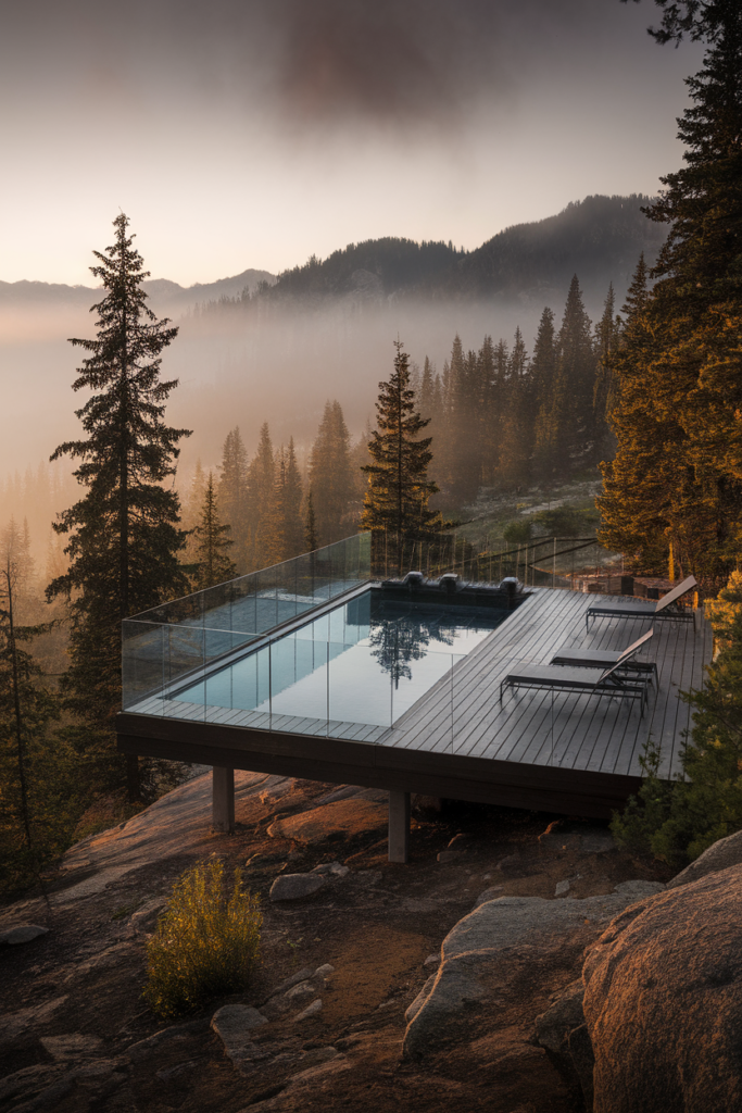 Scenic mountain-view above ground pool deck with glass railings and pine trees surrounding the elevated design.