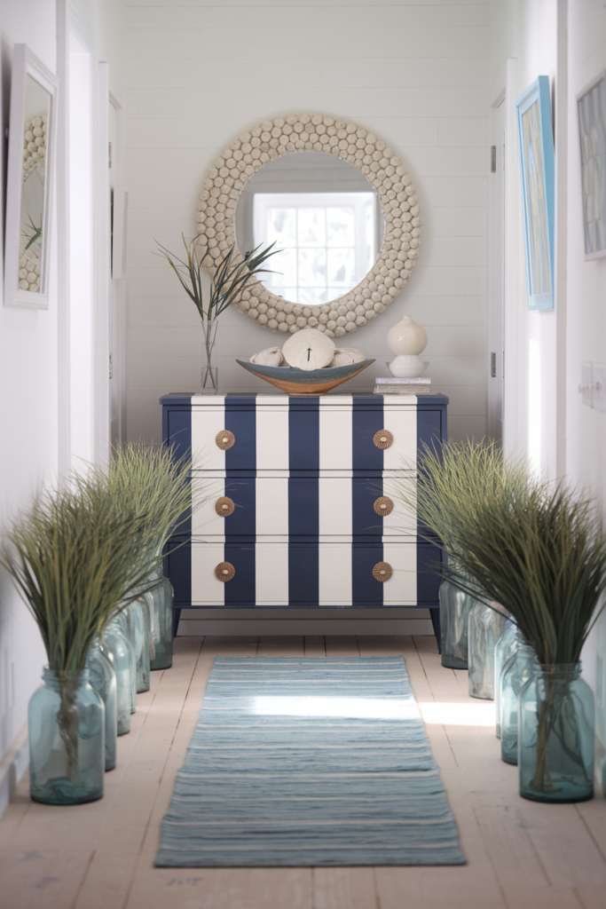 Paint navy and white stripes to an old dresser for instant beach house charm.