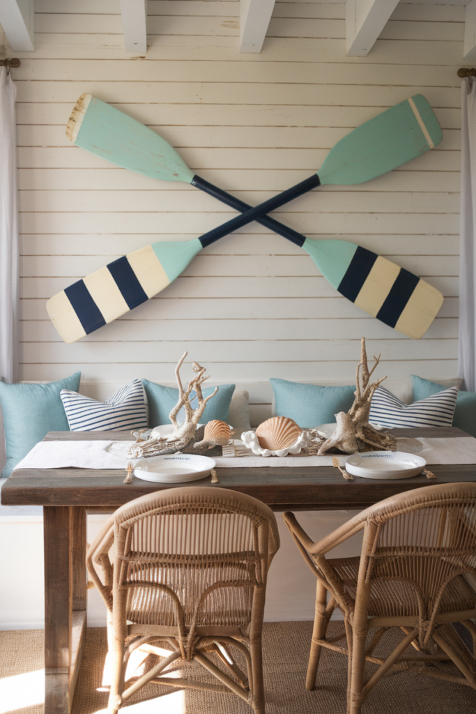 Hang painted vintage oars in soft blue and white for a statement coastal wall piece.