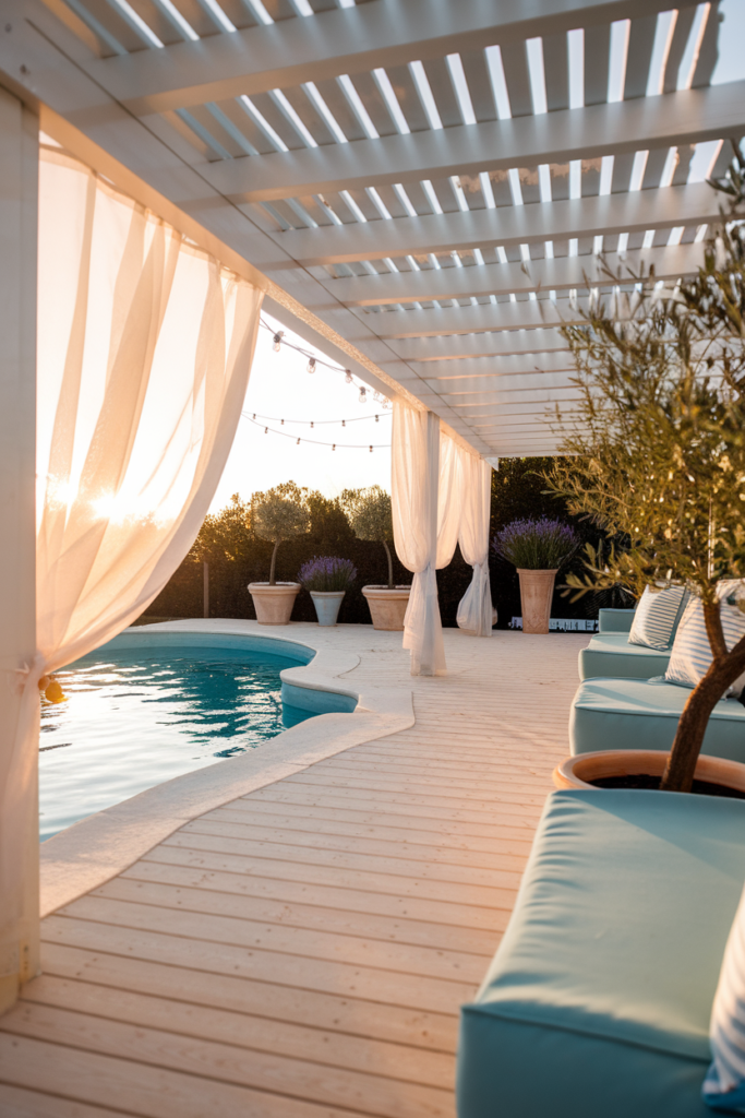 Elegant above ground pool deck with white pergola, flowing outdoor curtains, and soft cushioned seating.