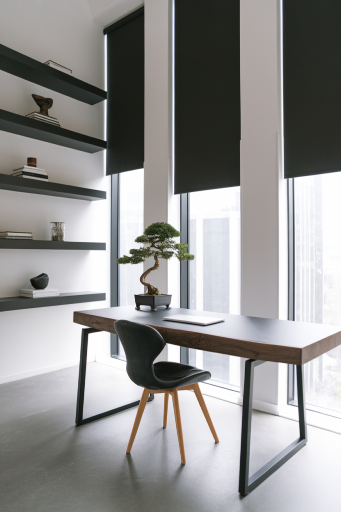 Minimalist roller shades in a small modern office, blending clean design with light control.