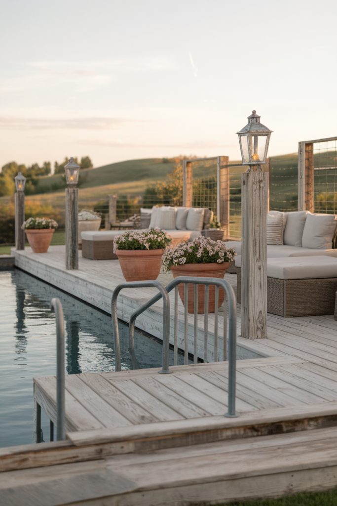 Farmhouse-style above ground pool deck featuring reclaimed wood, vintage lanterns, and cozy country charm.