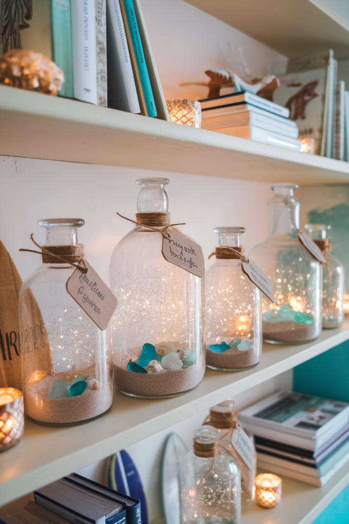 decorative glass bottles filled with sand and label them with the names of beaches.