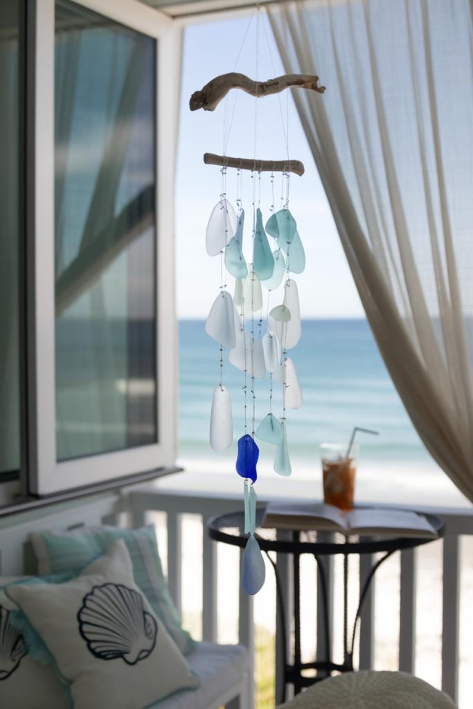 String seaglass pieces and tiny bells onto fishing line for a melodic, breezy chime.
