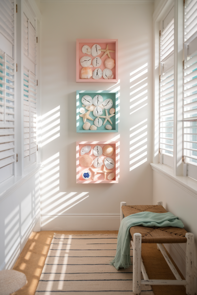 Wall-mounted shadow boxes filled with beach shells and coral in a coastal hallway.