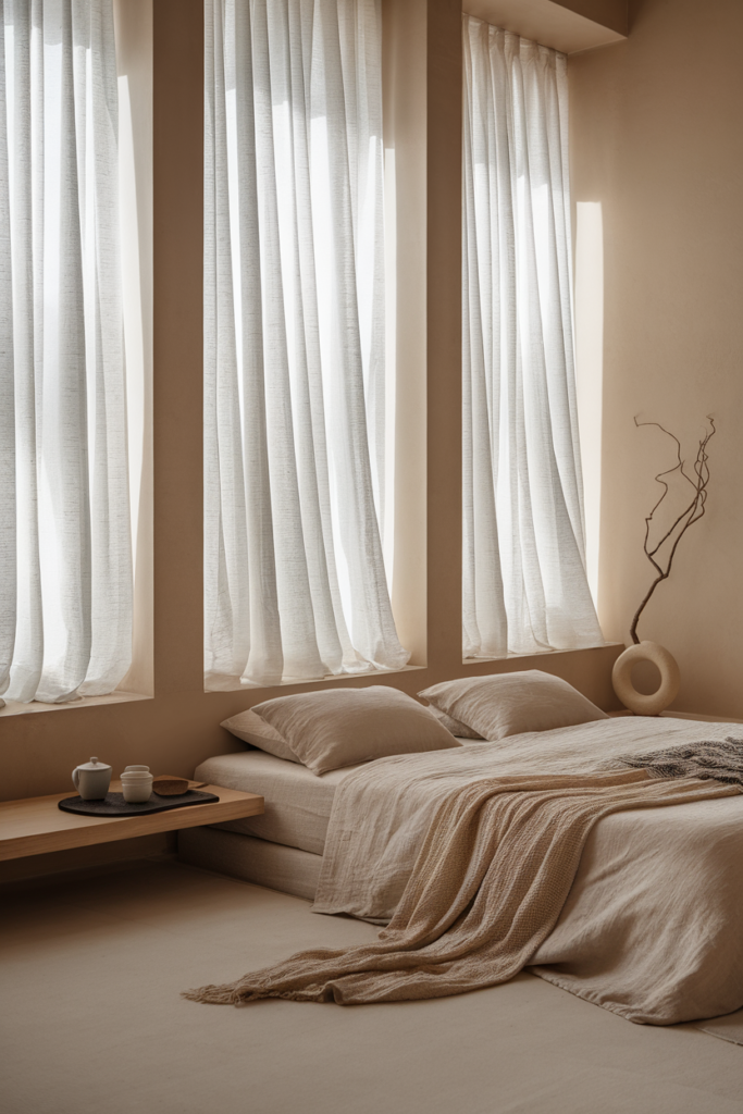 White sheer curtains softly diffusing natural light in a Scandinavian-style bedroom with minimalist decor
